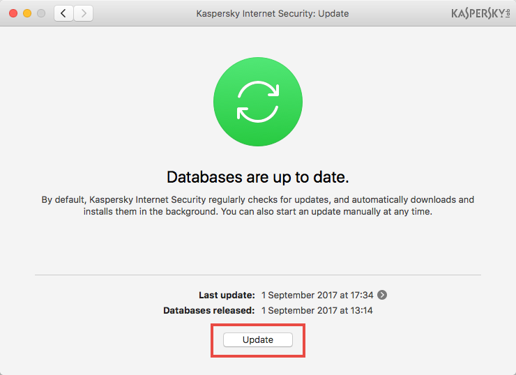 Image: the Update window of Kaspersky Internet Security 18 for Mac