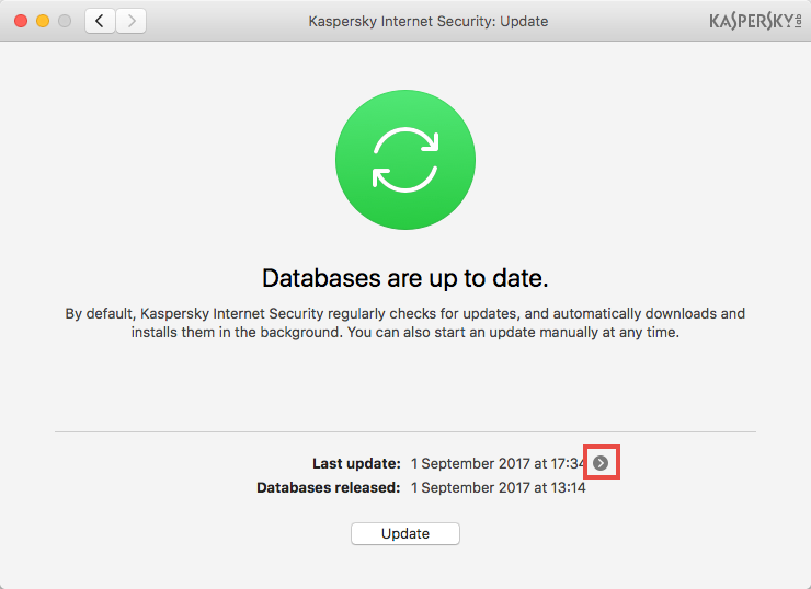 Image: the Update window of Kaspersky Internet Security 18 for Mac