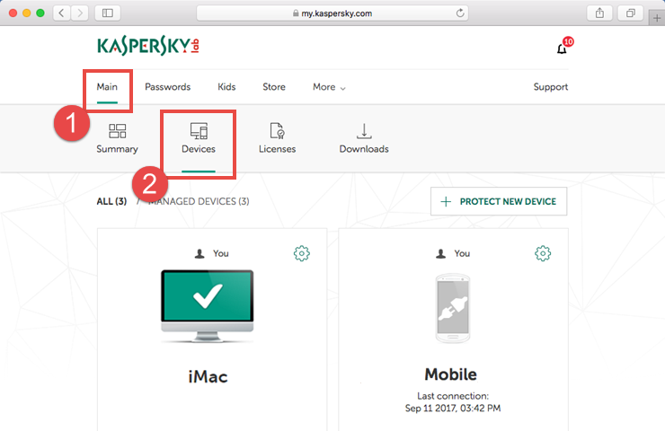 Image: the Devices tab of My Kaspersky