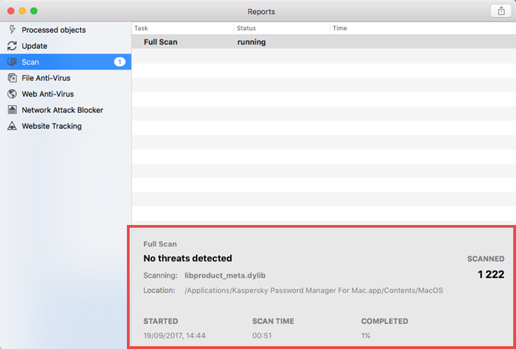 Image: the scan report window of Kaspersky Internet Security 18 for Mac