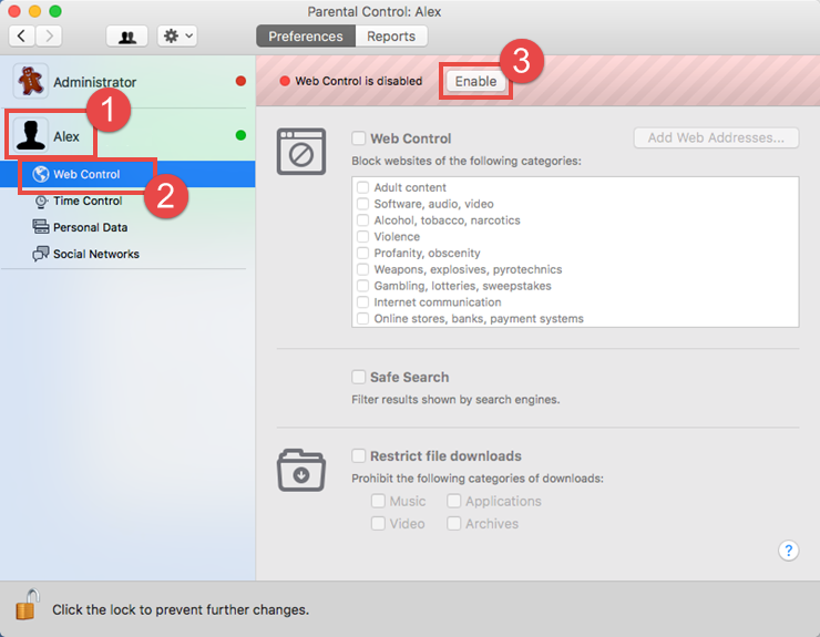 Image: the Parental Control window in Kaspersky Internet Security 18 for Mac