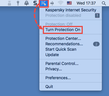 The macOS menu for Kaspersky Internet Security 18 for Mac