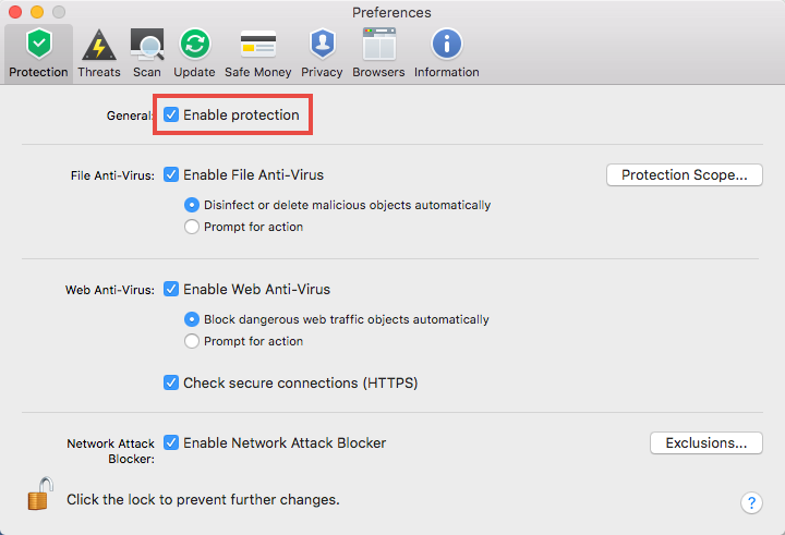 The Protection tab in the Kaspersky Internet Security 18 for Mac preferences