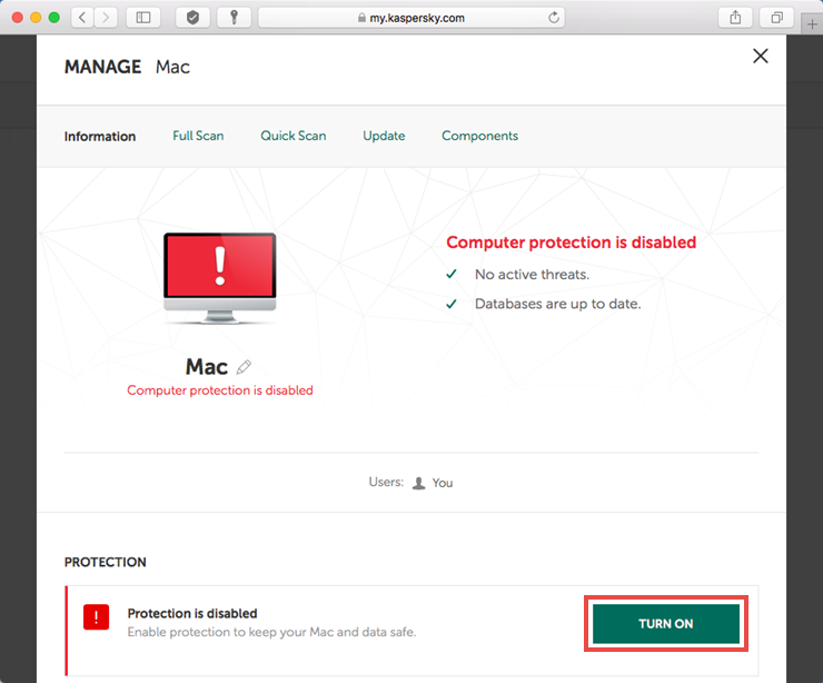 Image: the protection status of the device in My Kaspersky