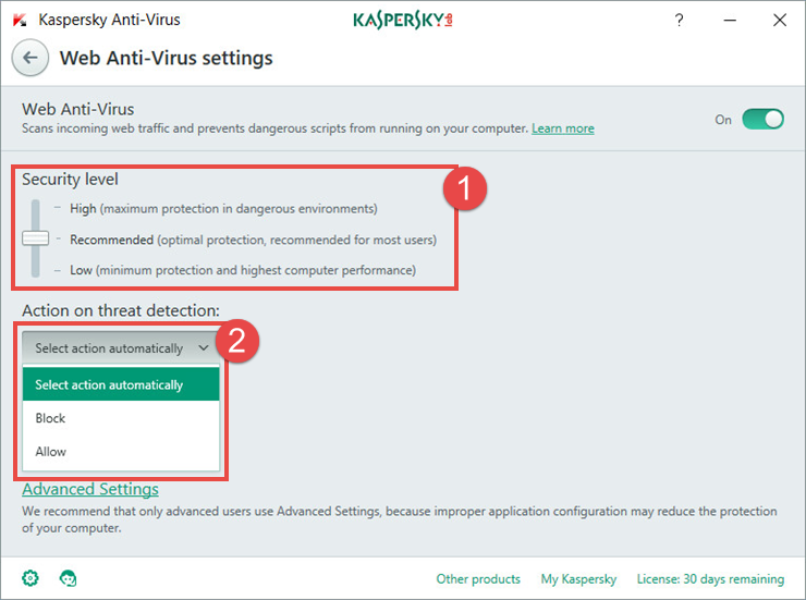 Image:  Web Anti-Virus settings in Kaspersky Anti-Virus 2018