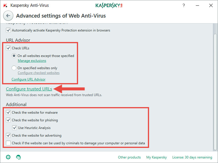 Image: advanced Web Anti-Virus settings in Kaspersky Anti-Virus 2018