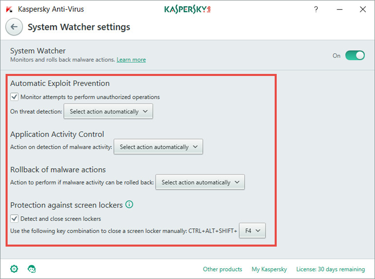 Image: the System Watcher window in Kaspersky Anti-Virus 2018