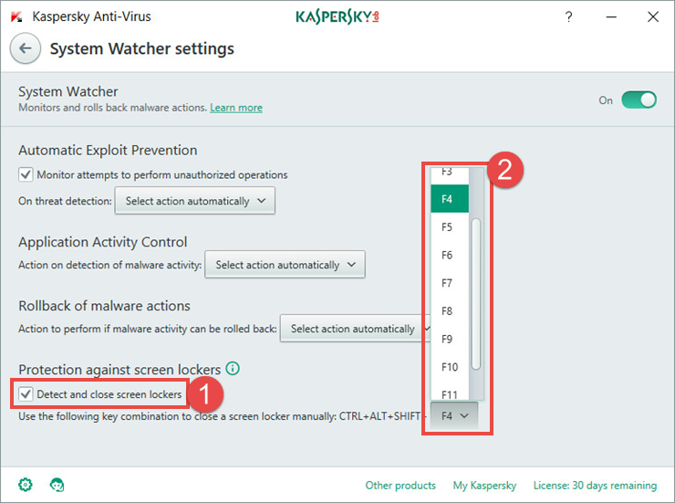 Image: the System Watcher window in Kaspersky Anti-Virus 2018