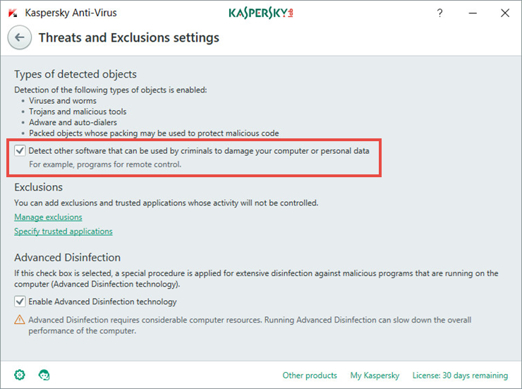 Image: Threats and Exclusions window in Kaspersky Anti-Virus 2018