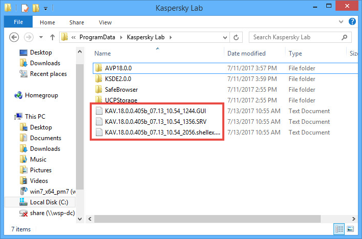 Image: the Kaspersky Lab folder with the Kaspersky Anti-Virus 2018 trace files