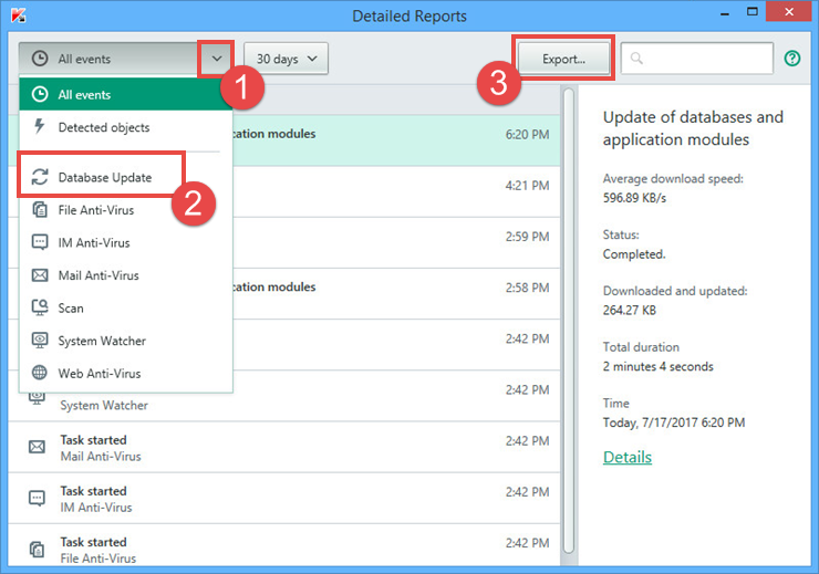 Image: the Detailed reports window in Kaspersky Anti-Virus 2018