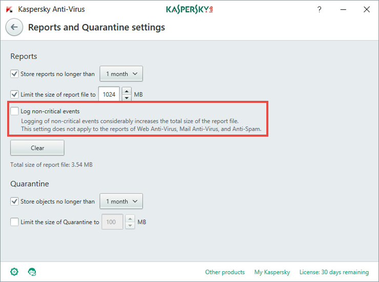 Image: the Reports and Quarantine window in Kaspersky Anti-Virus 2018