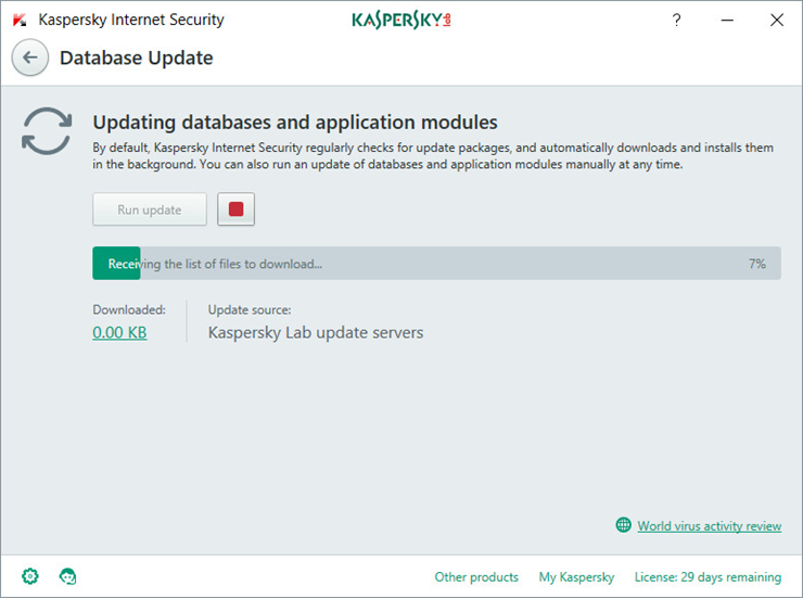Image: the Software Updater window in Kaspersky Internet Security 2018