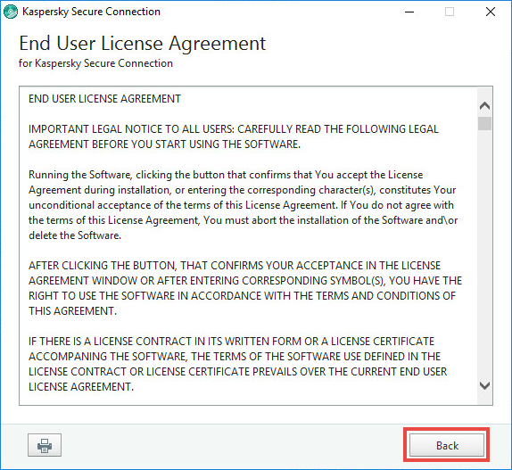 Image: the Kaspersky Secure Connection License agreement window