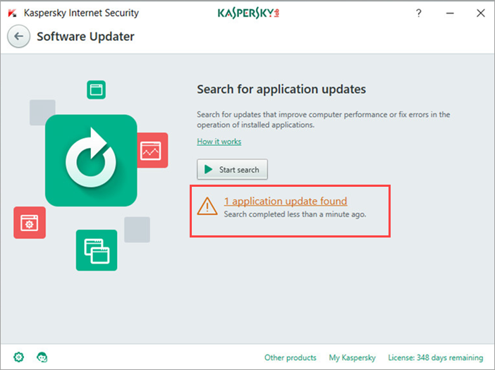 Image: updates search results in Kaspersky Internet Security 2018