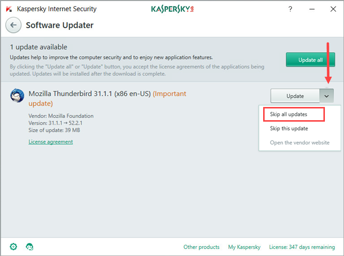 Image: the Software Updater window in Kaspersky Internet Security 2018