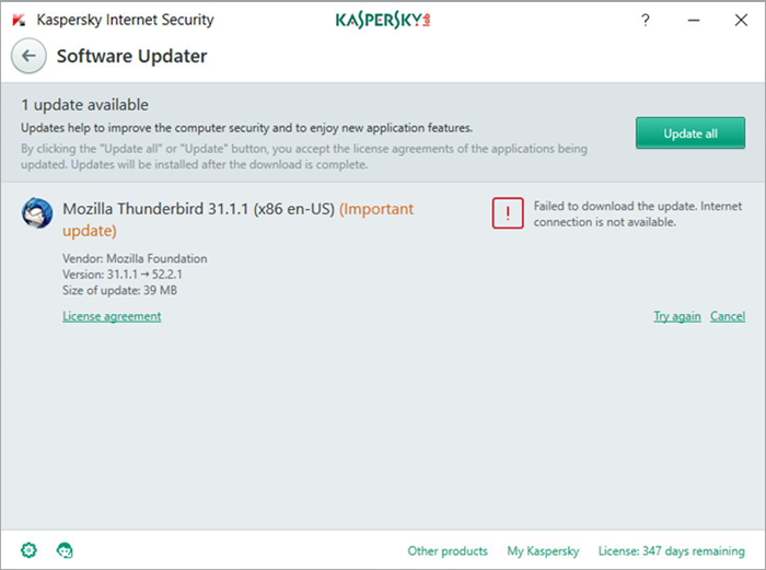 Image: notification of failed program update in Kaspersky Internet Security 2018 