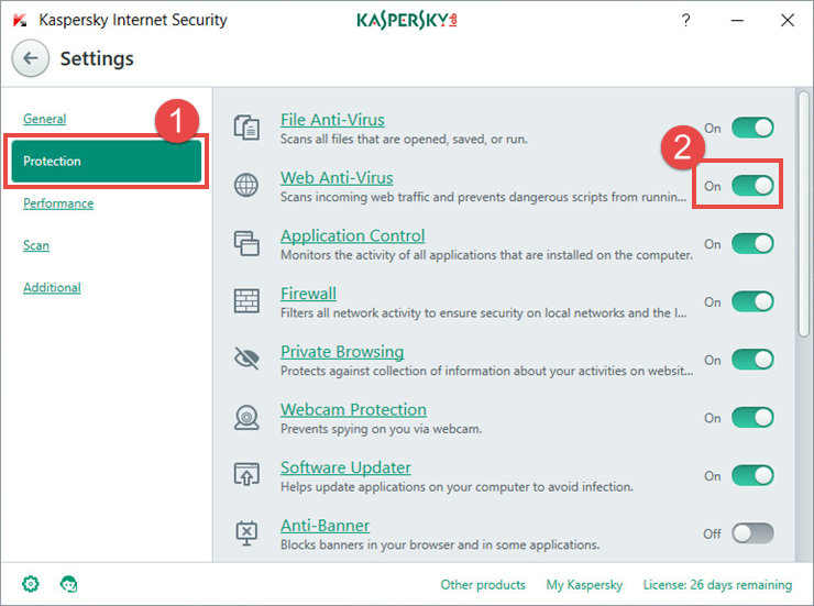 Image:  the Settings window of Kaspersky Internet Security 2018