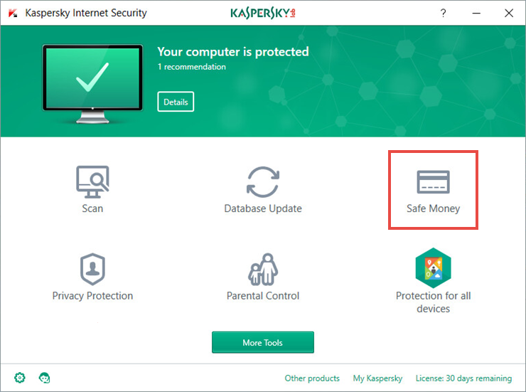 Image: the main window of Kaspersky Internet Security 2018