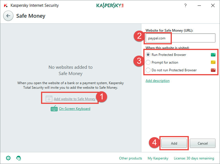 Image: the Safe Money window in Kaspersky Internet Security 2018