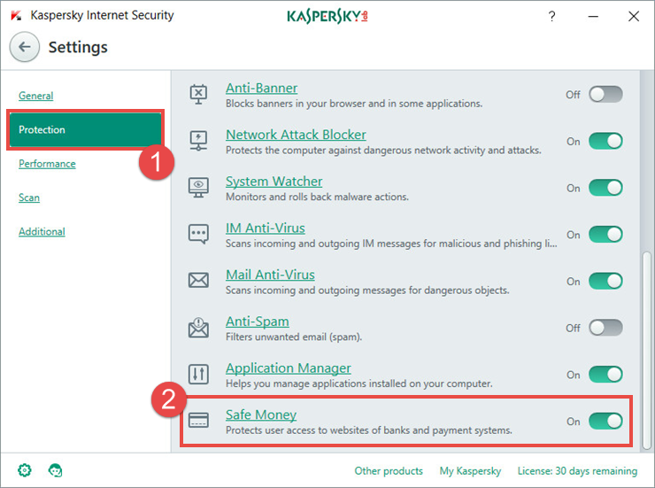 Image:  the Settings window of Kaspersky Internet Security 2018