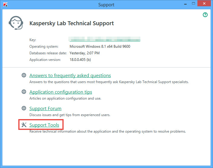 Image: the Support window of Kaspersky Internet Security 2018