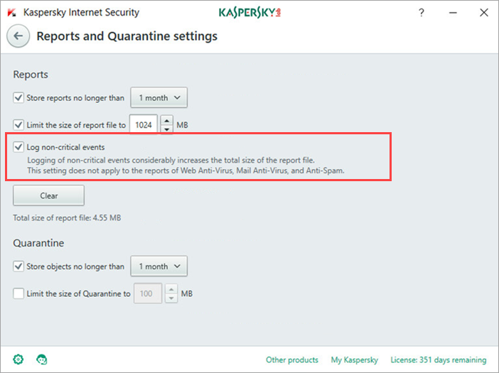 Image: the Reports and Quarantine settings window in Kaspersky Internet Security 2018 