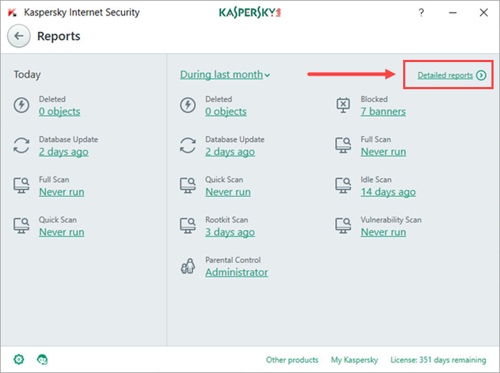 Image: Kaspersky Internet Security Reports window 