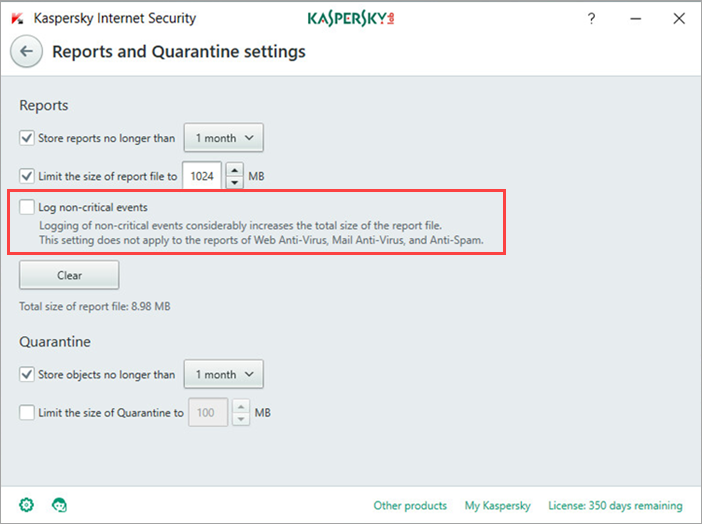 Image: the Reports and Quarantine settings window in Kaspersky Internet Security 2018 