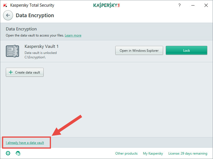 Image: the Data Encryption window in Kaspersky Total Security 2018
