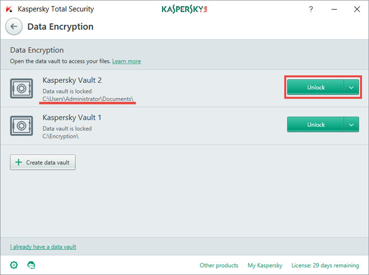 Image: the Data Encryption window in Kaspersky Total Security 2018