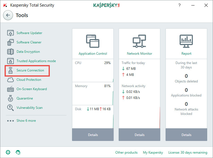 Image: the Tools window of Kaspersky Total Security 2018