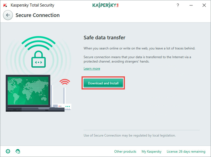 Image: the Secure Connection window in Kaspersky Total Security 2018
