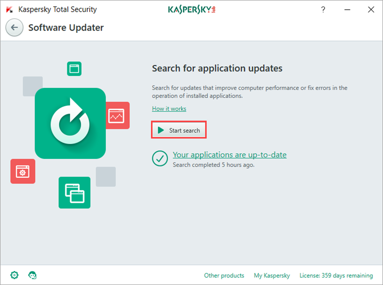 Image: the Software Updater window in Kaspersky Total Security