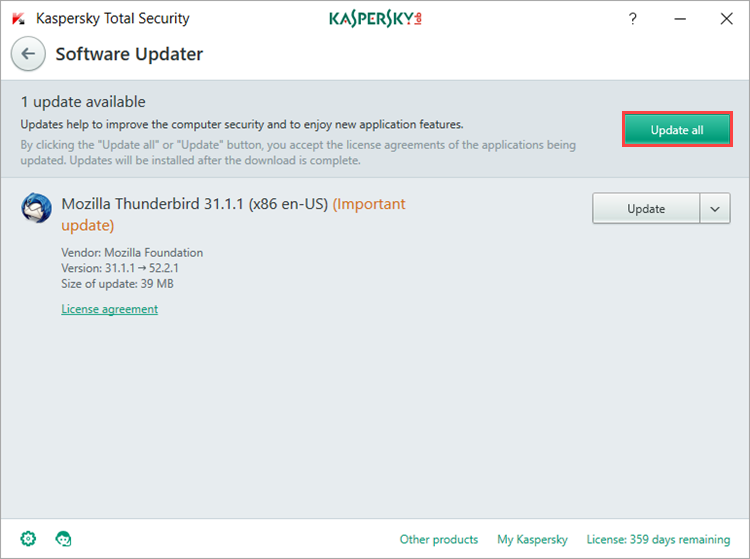 Image: list of detected application updates in Kaspersky Total Security