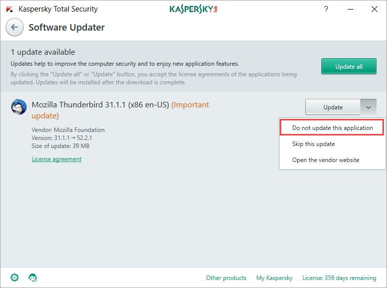 Image: the Software Updater window in Kaspersky Total Security