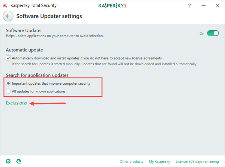 Image: the Software Updater settings window in Kaspersky Total Security