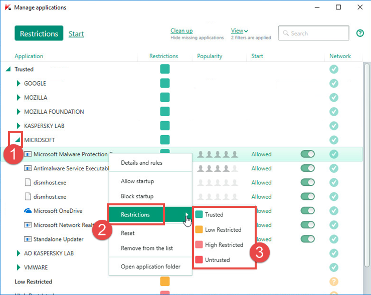 Image: selecting a group for an application in Kaspersky Total Security 2018