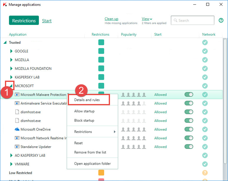 Image: setting up restrictions for an application in Kaspersky Total Security 2018