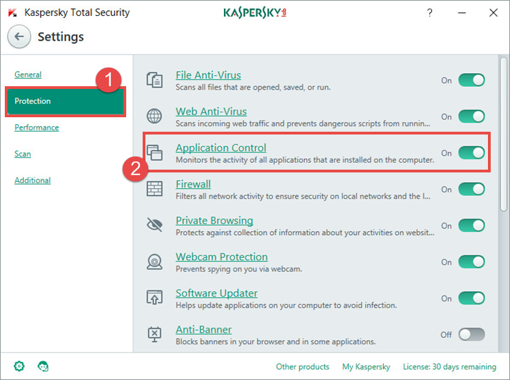 Image: the Settings window of Kaspersky Total Security 2018