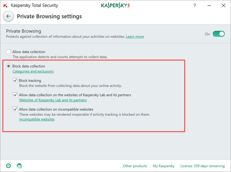 Image: the Private Browsing settings window of Kaspersky Total Security