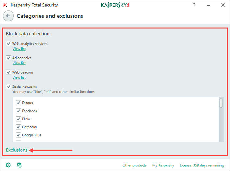 Image: the Categories and exclusions window of Kaspersky Total Security