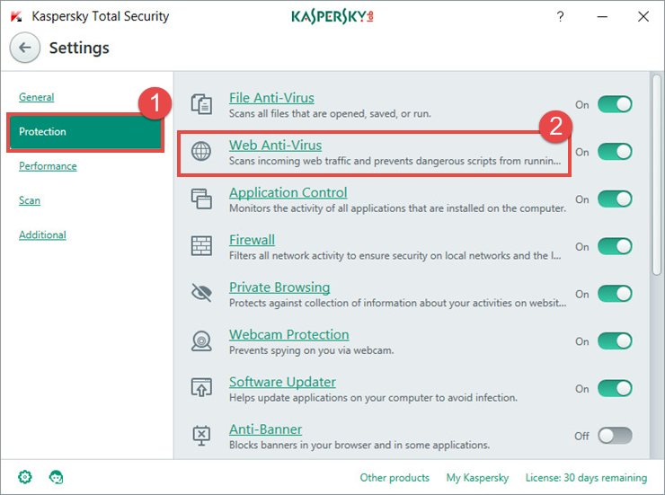 Image:  the Settings window of Kaspersky Total Security 2018