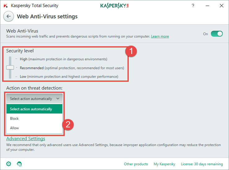 Image:  Web Anti-Virus settings in Kaspersky Total Security 2018