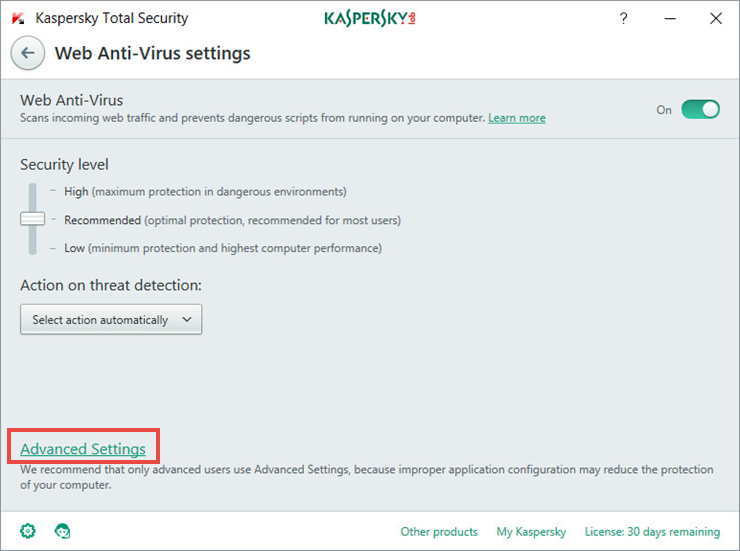 Image:  Web Anti-Virus settings in Kaspersky Total Security 2018