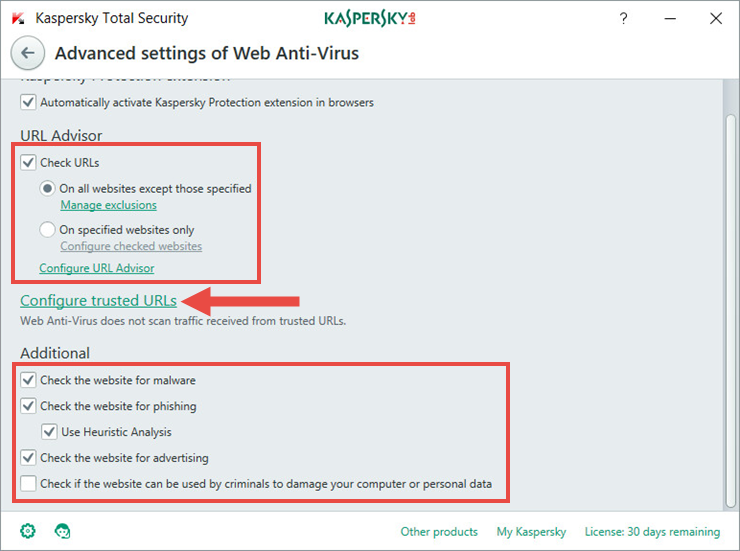 Image: advanced Web Anti-Virus settings in Kaspersky Total Security 2018