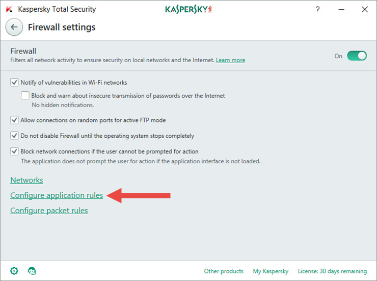 Image: Firewall settings in Kaspersky Total Security 2018