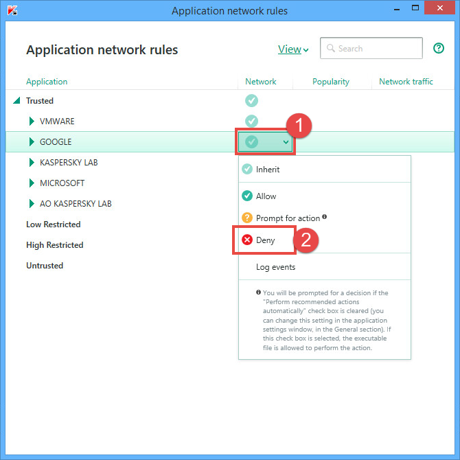Image: the Application network rules window in Kaspersky Total Security 2018