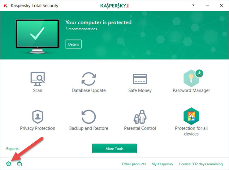 Image: the main window of Kaspersky Total Security 2018