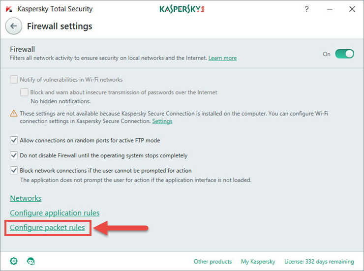 Image: Firewall settings in Kaspersky Total Security 2018